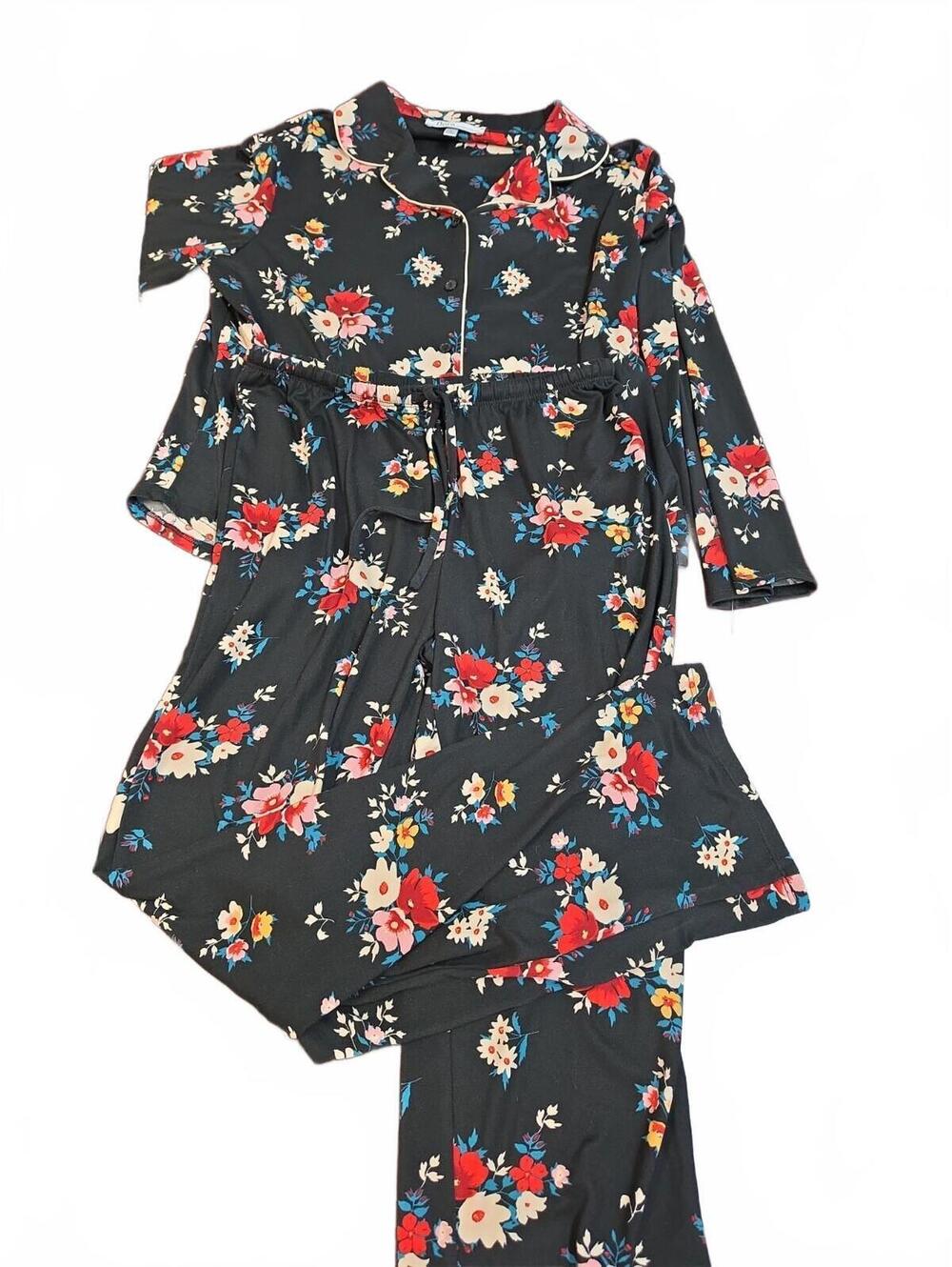 FLORA Long Sleeve Button Top, Full Length Bottoms Pajama Set Black Floral S NWT